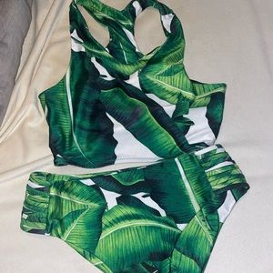 high waster bottoms and high neck top bikini